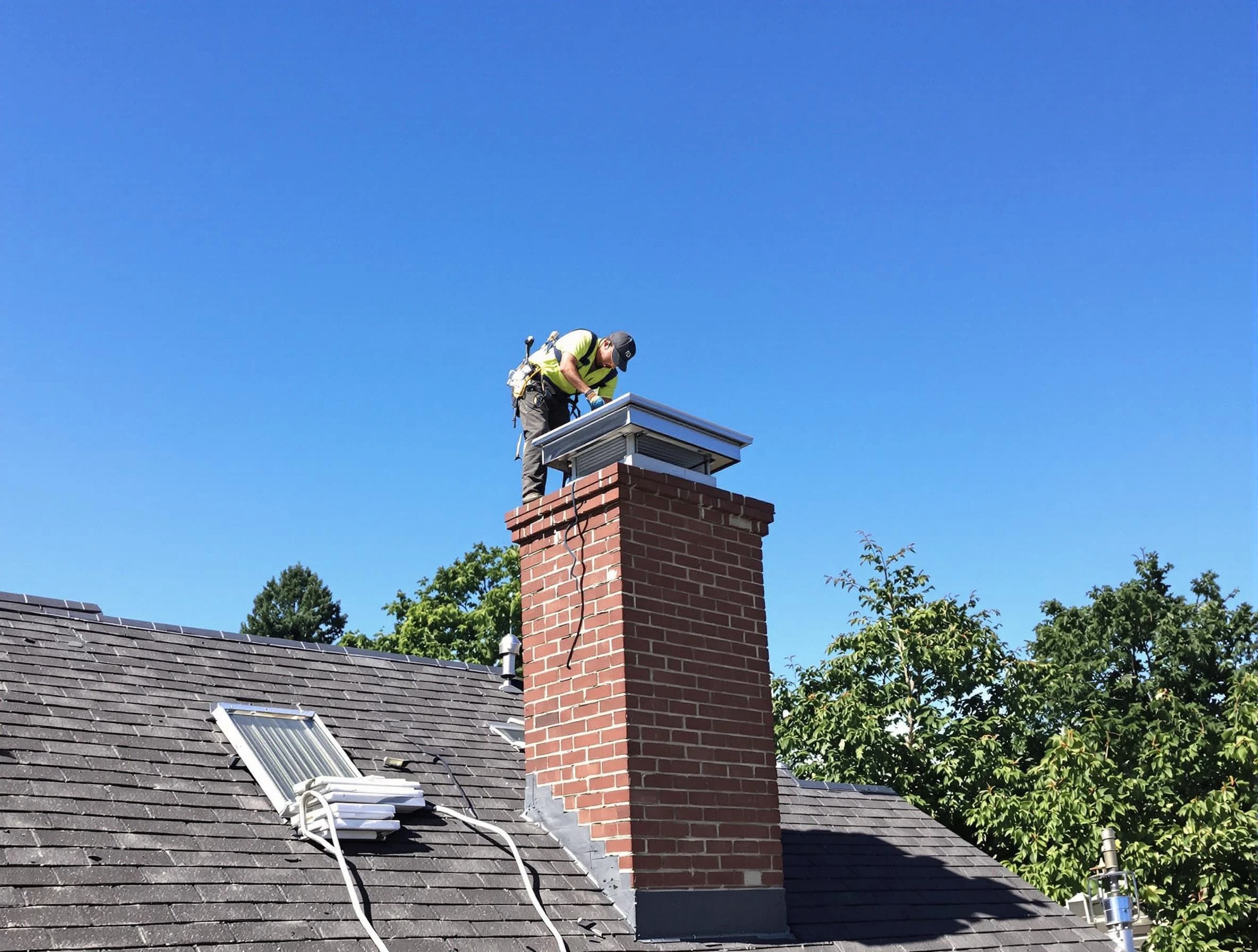 Milton Chimney Sweep technician measuring a chimney cap in Milton, MA
