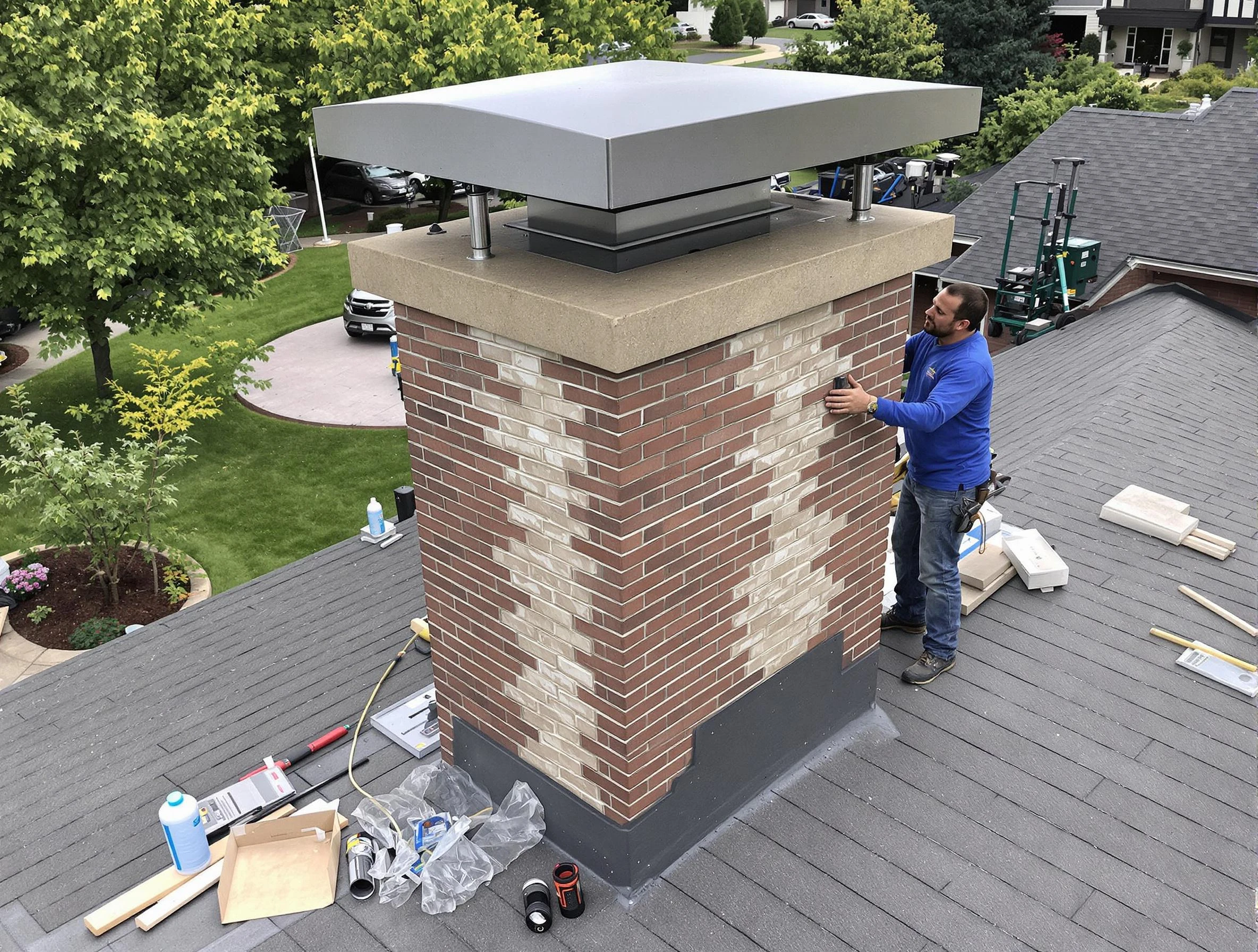 Milton Chimney Sweep team working on a custom chimney remodel in Milton, MA